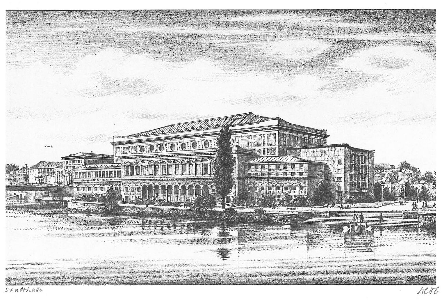 Postkarte von 1976 mit einer Zeichnung der Stadthalle Mülheim