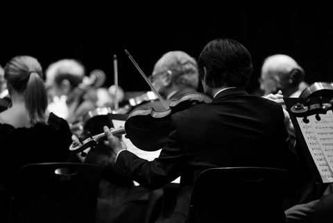 Schwarz-Weiß-Aufnahme eines Geigers in einem Orchester