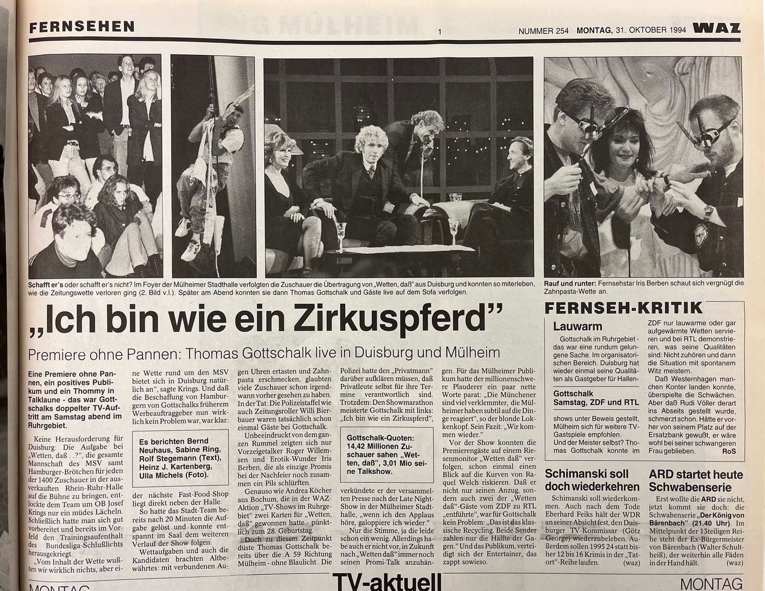 Zeitungsartikel der WAZ über Thomas Gottschalks Auftritte 1994 in Duisburg und Mülheim an der Ruhr